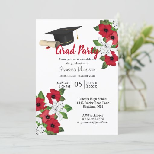 Red and White Flower Graduation Invitation Zazzle
