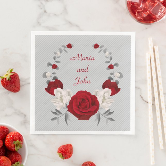 red and white flowers botanical wreath wedding paper dinner napkins (Insitu)