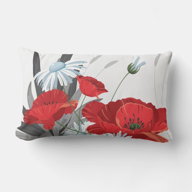 Red and White Flowers Daisies and Poppies Lumbar Pillow (Front)