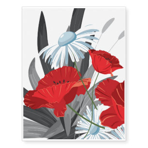 Red and White Flowers Daisies and Poppies Temporary Tattoos
