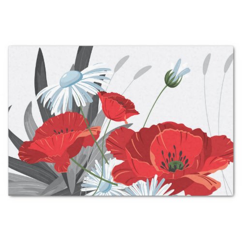 Red and White Flowers Daisies and Poppies Tissue P Tissue Paper
