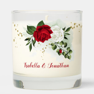 red and white flowers greenery  scented candle
