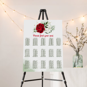 red and white flowers greenery seating chart foam board