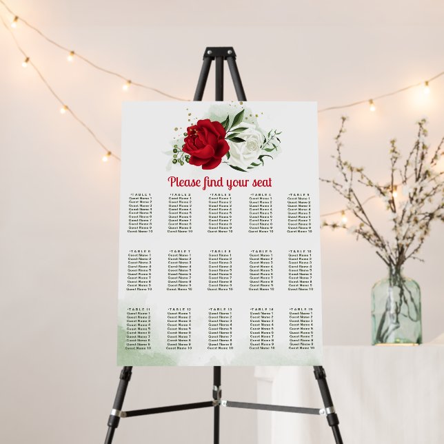 red and white flowers greenery seating chart foam board (In Situ (Stand))