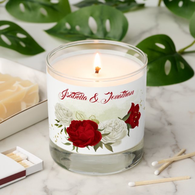 red and white flowers greenery wedding scented can candle (Lit)