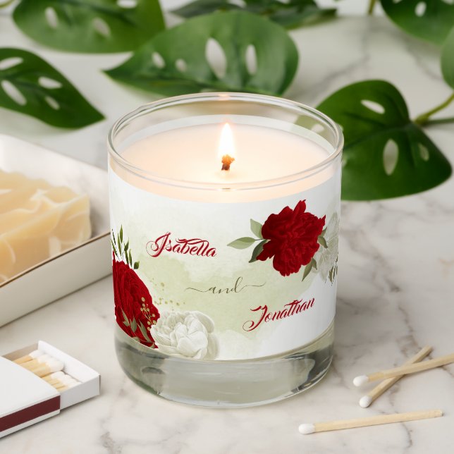 red and white flowers greenery wedding scented candle (Lit)