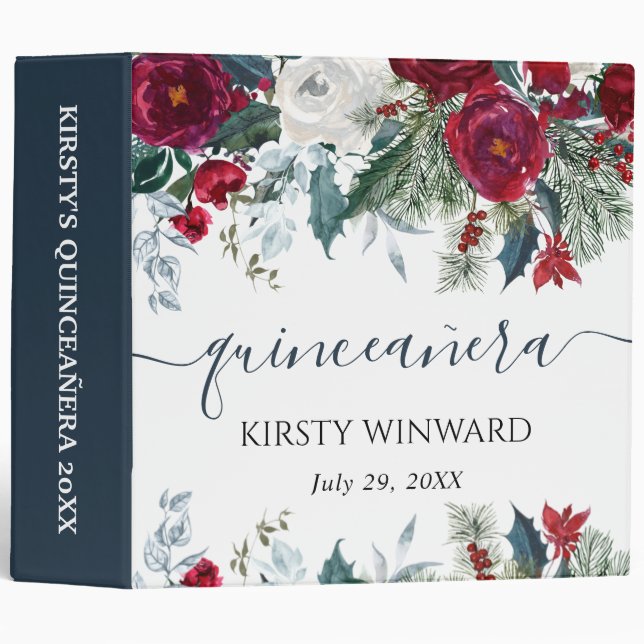 Red and White Flowers Quinceanera Photo Album 3 Ring Binder (Front/Spine)