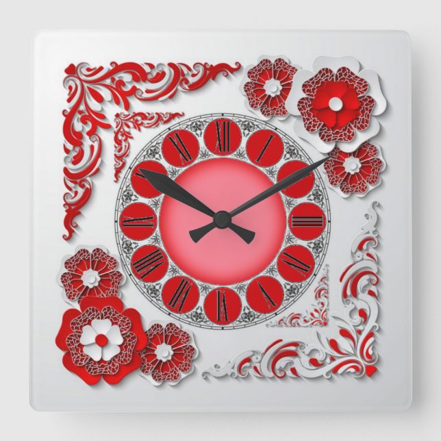 Red and white flowers square wall clock (Front)
