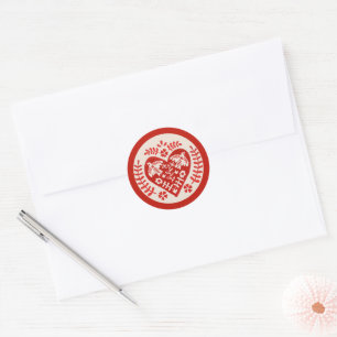 Red and White Folk Art Heart Classic Round Sticker