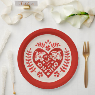 Red and White Folk Art Heart Paper Plates