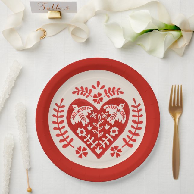 Red and White Folk Art Heart Paper Plates (Wedding)
