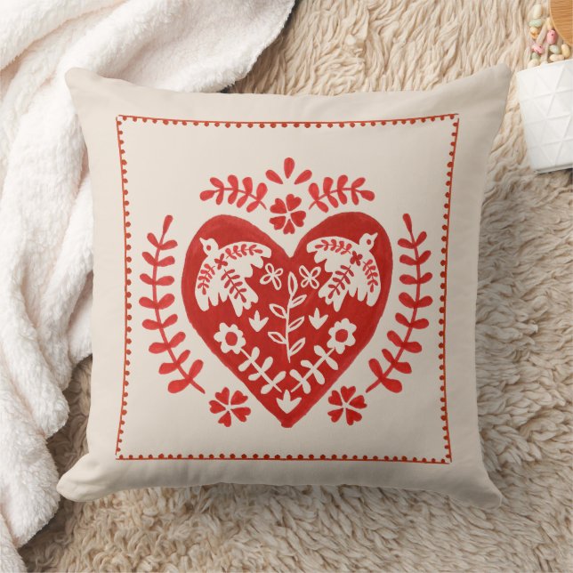 Red and White Folk Art Heart Throw Pillow (Blanket)