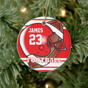 Red and White Football DIY Name and Number Ceramic Ornament