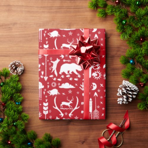 Red and White Forest Animal Tracks Arrows Wrapping Paper