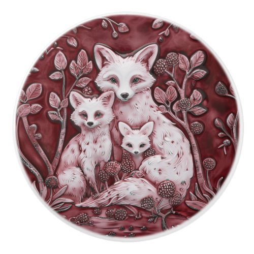 Red and White Fox Family Wood Animals Ceramic Knob