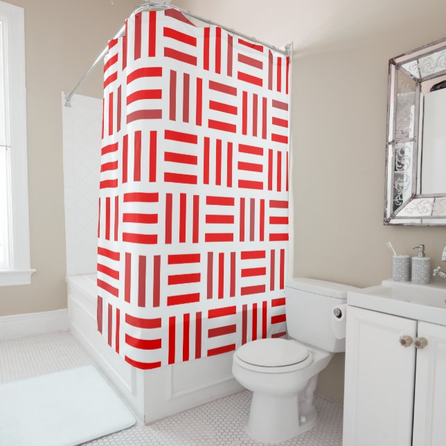 Red and White Geometric Shower Curtain (In Situ)
