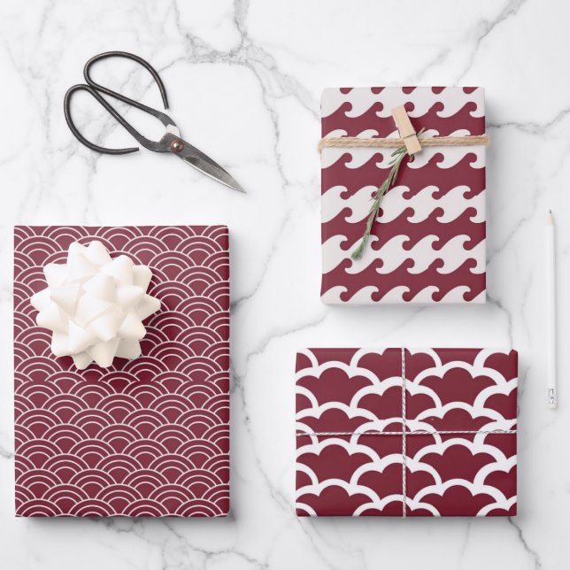 Red and White Geometric Wave Pattern  |  Wrapping Paper Sheets (Front)
