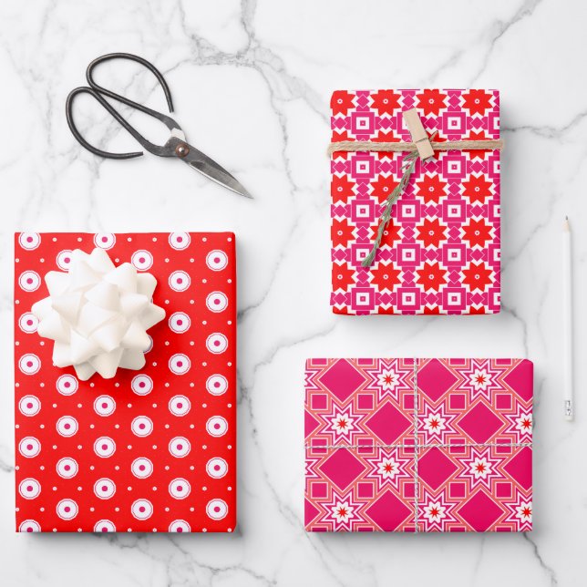 Red and White Geometrical Pattern Wrapping Paper Sheets (Front)