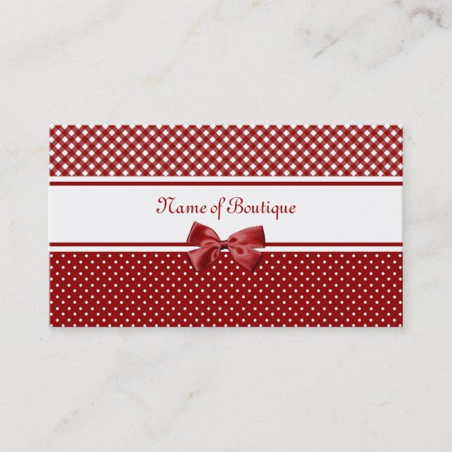 Red and White Gingham and Polka Dots Boutique Business Card (Front)