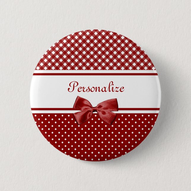 Red and White Gingham and Polka Dots With Name Button (Front)
