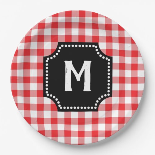 Red And White Gingham Buffalo Check Black Monogram Paper Plates