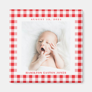 Red and White Gingham Check Baby Birthdate Magnet
