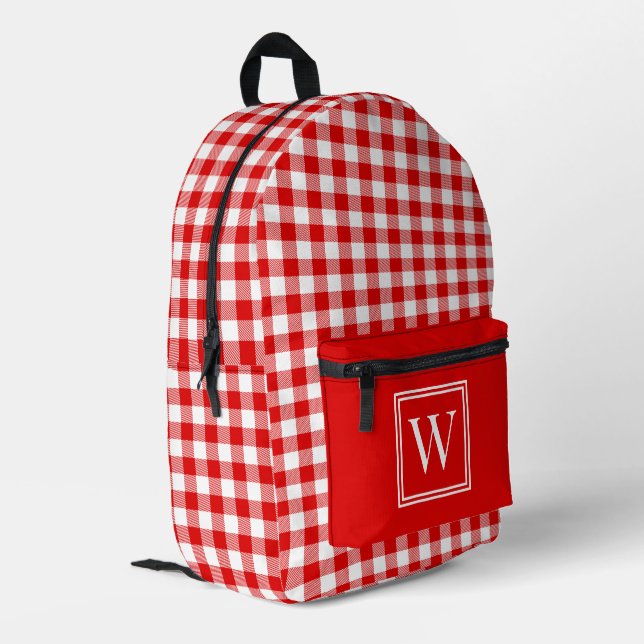 Red and White Gingham Check Plaid Monogram Printed Backpack (Back Corner Left)