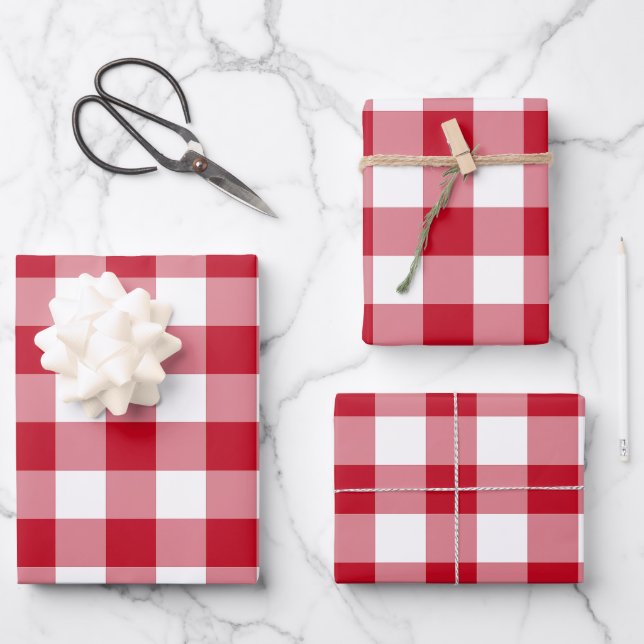 Red and White Gingham Check Plaid Wrapping Paper Sheets (Front)