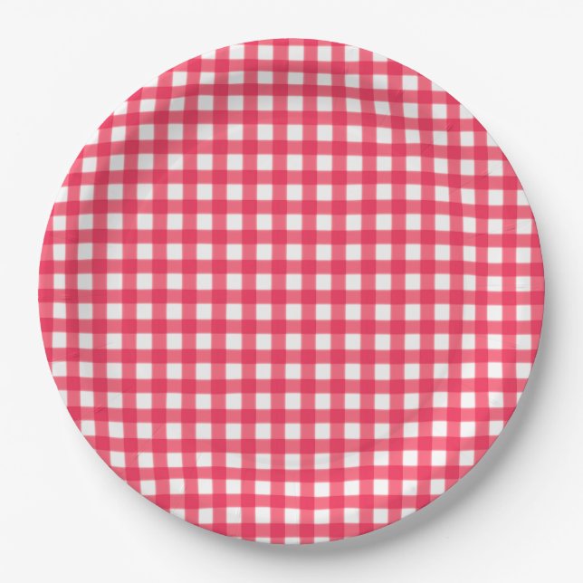 Red and White Gingham Checkerboard Paper Plates (Front)