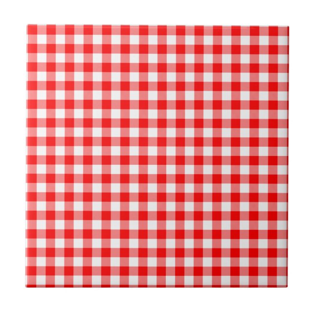 Red and White Gingham Checks Ceramic Tile (Front)