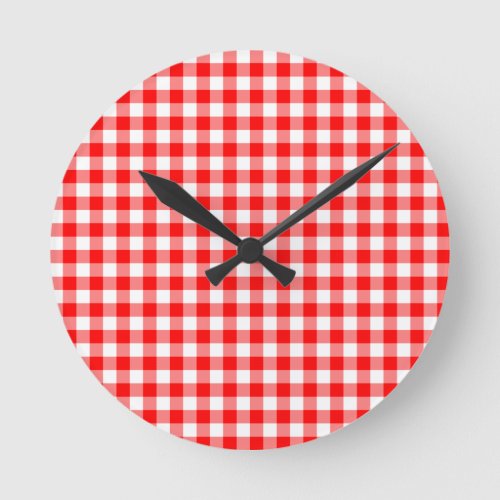 Red and White Gingham Checks Round Clock