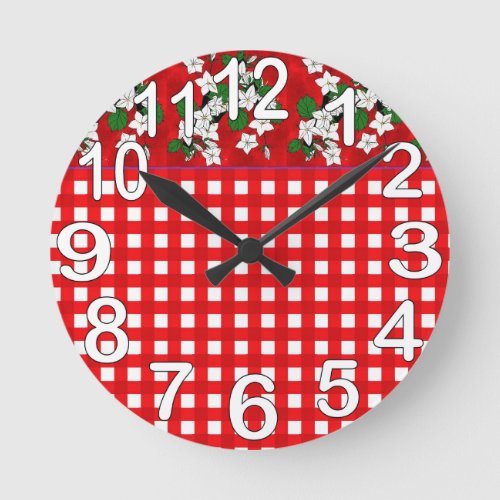 Red and white gingham country kitchen round clock