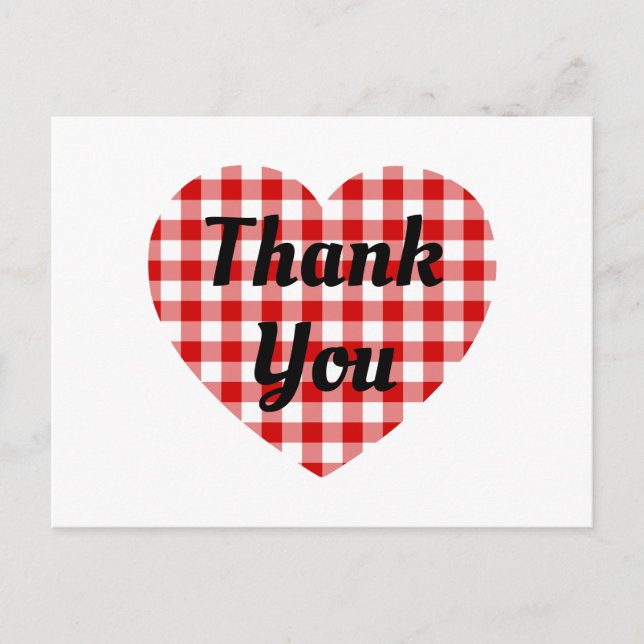 Red and White Gingham Heart Shape Thank You Postcard (Front)