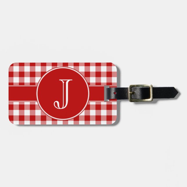 Red and White Gingham Monogrammed Luggage Tag (Front Horizontal)