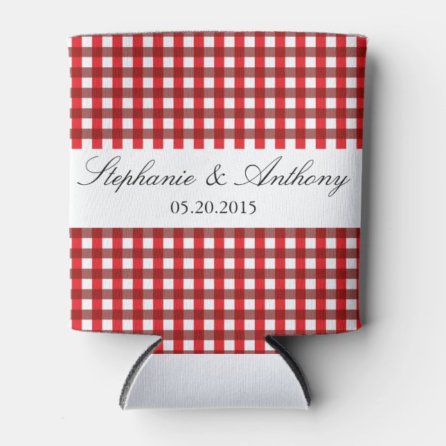 Red and White Gingham Pattern Barbeque Wedding Can Cooler (Front)
