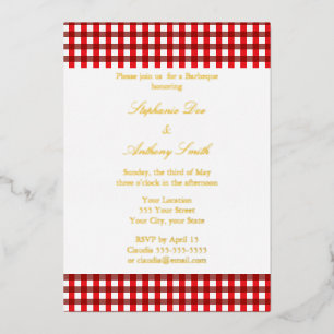 Red and White Gingham Pattern Barbeque Wedding Foil Invitation