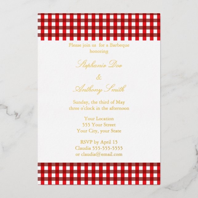 Red and White Gingham Pattern Barbeque Wedding Foil Invitation (Front)