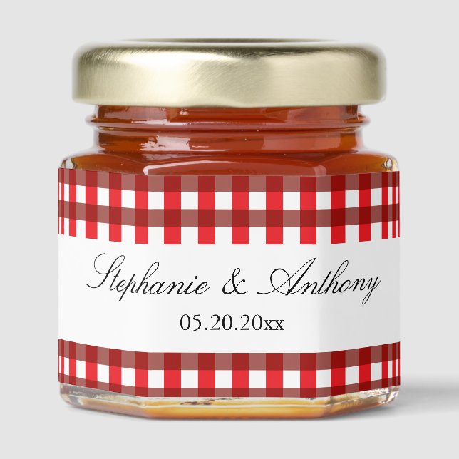Red and White Gingham Pattern Barbeque Wedding Honey Jar Favors (Front)