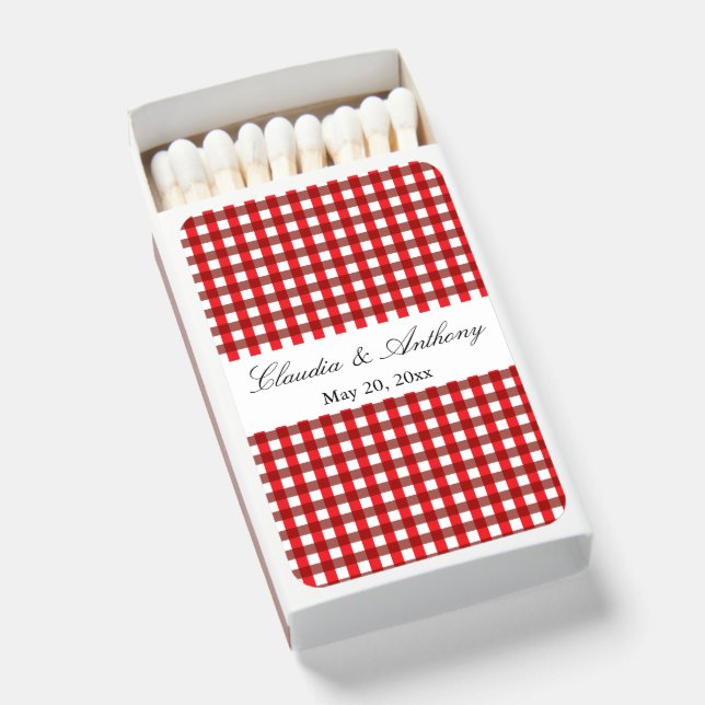 Red and White Gingham Pattern Barbeque Wedding Matchboxes (Front Open)