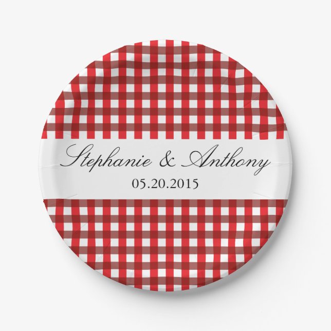 Red and White Gingham Pattern Barbeque Wedding Paper Plates (Front)