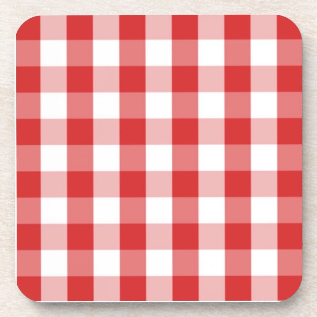 Red and white gingham pattern beverage coaster (Front)