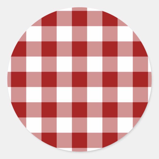 Red and White Gingham Pattern Classic Round Sticker (Front)