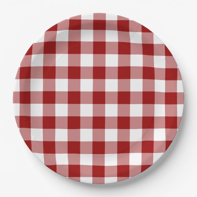 Red and White Gingham Pattern Paper Plates (Front)