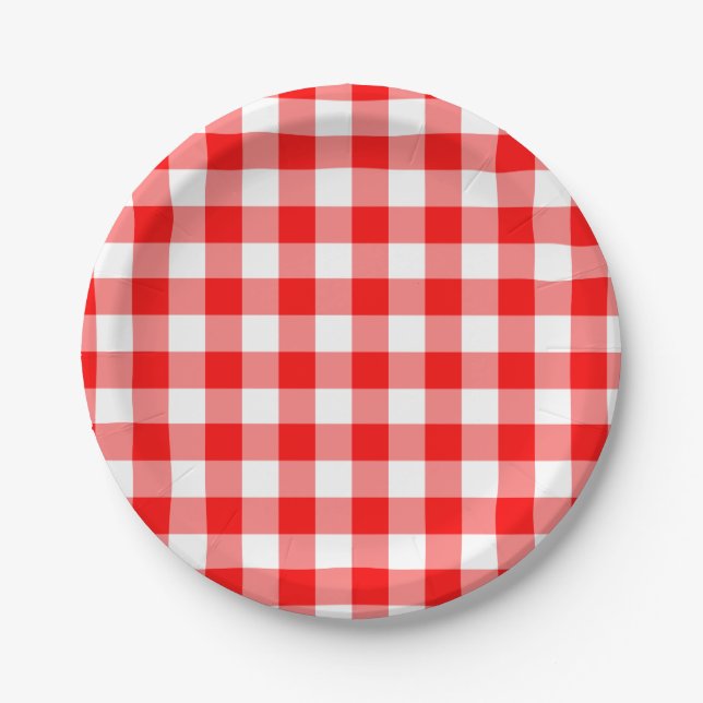 Red and White Gingham Pattern Paper Plates (Front)
