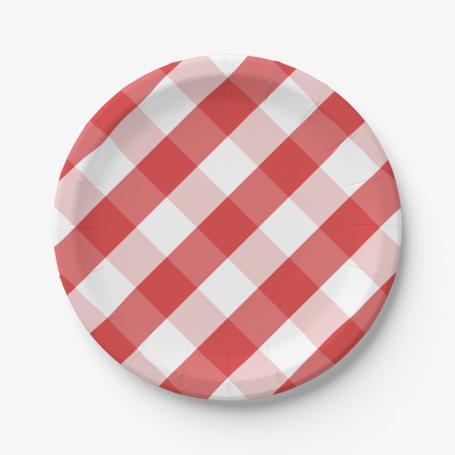 Red and white gingham pattern paper plates (Front)
