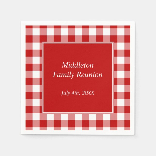 Red and White Gingham Pattern Personalized Paper Napkins (Front)