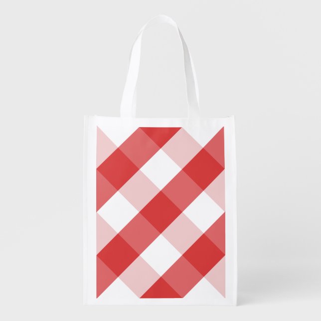 Red and white gingham pattern reusable grocery bag (Front)