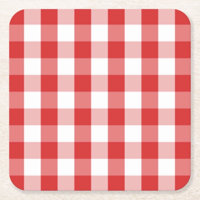 Red and white gingham pattern square paper coaster (Front)