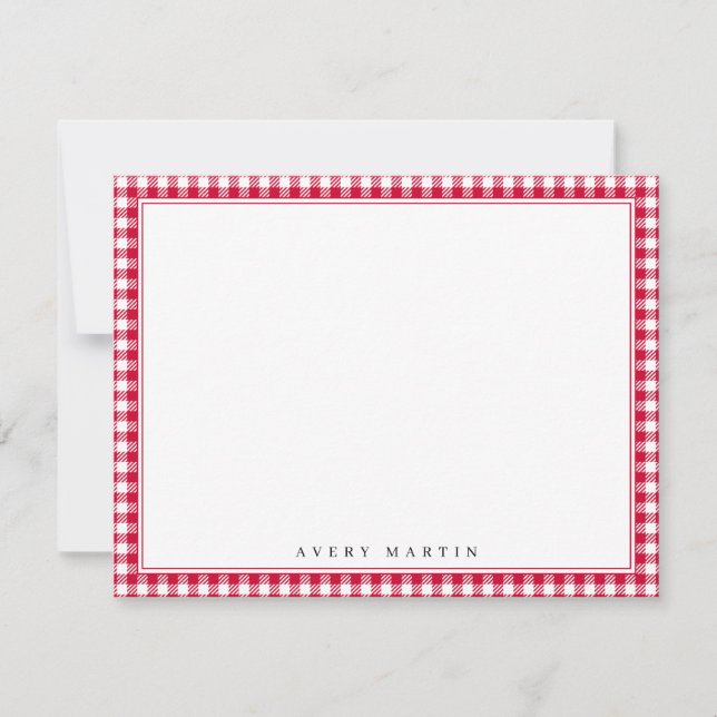 Red and white gingham personalized Stationery Note Card (Front)