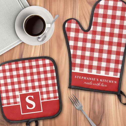 Red And White Gingham Plaid Checkered Monogrammed Oven Mitt &Amp;Amp; Pot Holder Set